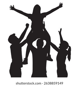a silhouette shows a group cheerleading, with one person lifted high, arms raised, supported by others in a celebratory pose.