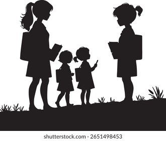 A silhouette shows a group of girls walking together. They are carrying books and backpacks, heading to school.