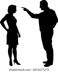 Uma silhueta mostra um homem apontando para uma mulher. A mulher está usando um vestido e saltos. O fundo é branco. A imagem sugere conflito e tensão.