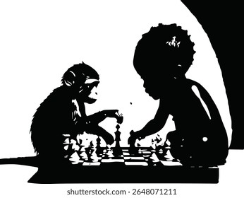 A silhouette shows a monkey and child playing chess on a chessboard with pieces in a black and white style