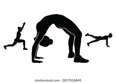 Silhouette shows person doing downward dog pose and two plank variations on transparent background