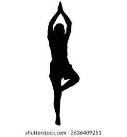 A silhouette shows a woman in the tree pose. She stands on one leg while the other leg is bent and placed on her inner thigh. Her arms are raised above her head.