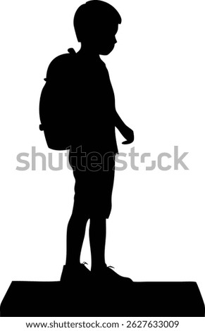 The silhouette shows a young boy with a backpack, rendered in black, thoughtfully standing on a solid black rectangular block against a white backdrop, captured in profile.