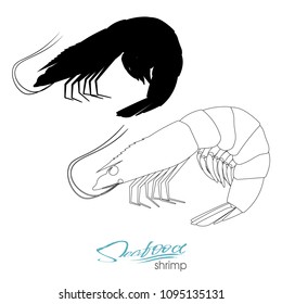 Silhouette shrimp. Linear silhouette shrimp. Shrimps badge for design seafood packaging and market, food packaging or underwater sea animal themed design. Vector illustration.