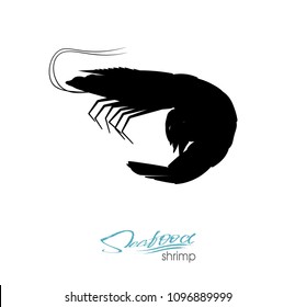 Silhouette shrimp. Linear silhouette shrimp. Shrimps badge for design seafood packaging and market, food packaging or underwater sea animal themed design. Vector illustration.