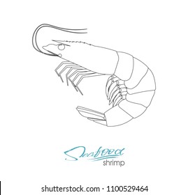 Silhouette shrimp. Linear silhouette shrimp. Shrimps badge for design seafood packaging and market, food packaging or underwater sea animal themed design. Vector illustration.