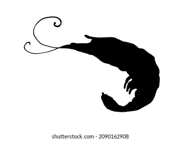 the silhouette of a shrimp. painted marine crustacean shrimp isolated with black silhouette, with curved black whiskers, side view on white for design template