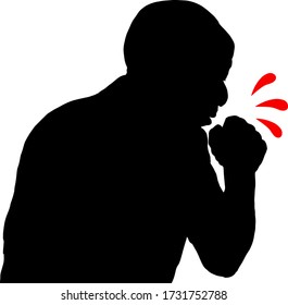 Silhouette of sick man coughing into his hand. Vector illustration.