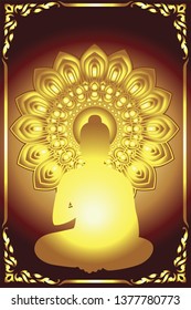 Silhouette Siddhartha gautama with Dharma Wheel and gold glowing background with golden flower frame