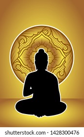 Silhouette Siddhartha gautama with golden abstract Dharma Wheel