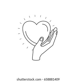 silhouette side view of hand holding in palm a heart charity symbol vector illustration