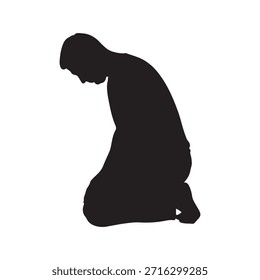 Silhouette der Seitenansicht eines Mannes auf den Knien, der auf weißem Hintergrund auf den Boden starrt