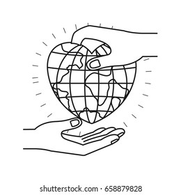 silhouette side view of palm human holding a earth globe world in heart shape to deposit in other hand vector illustration