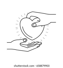 silhouette side view of palm human holding a heart charity symbol to deposit in other hand vector illustration