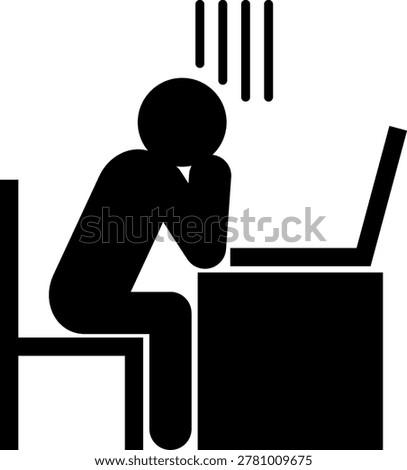 A silhouette (side view) of a person sitting in a chair, looking dejected in front of a laptop.