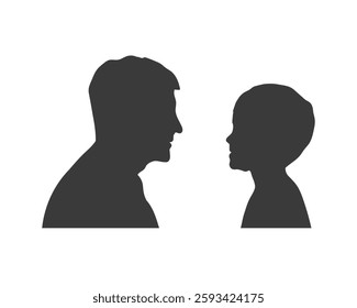 Silhouette side view portrait of senior man and child talking to each other. Grandfather and grandson conversation, flat style realistic drawing.