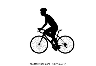 Silhouette side view of sportsman riding bicycle in helmet and sportswear, cycling concept