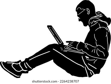 Silhouette of side view of young boy working on laptop, young man with laptop in shadow of sharp lines style, line art vector illustration of laptop user