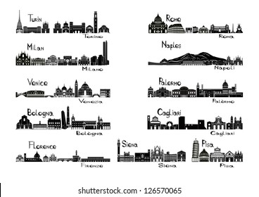 Silhouette Sights Of 11 Cities Of Italy  - Turin; Milan; Venice; Bologna; Florence Rome; Naples; Palermo; Cagliari; Siena; Pisa.