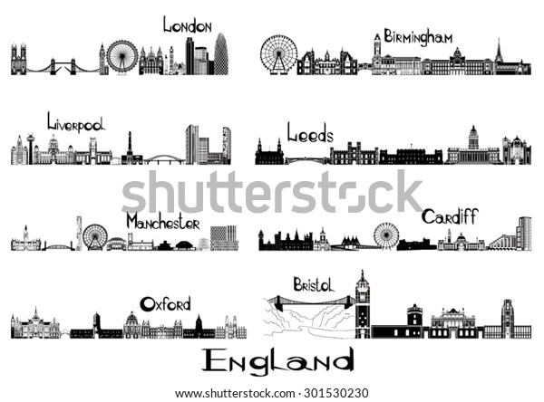 ロンドン リバプール マンチェスター オックスフォード バーミンガム リード カーディフ ブリストルの8都市のシルエット照準 のベクター画像素材 ロイヤリティフリー