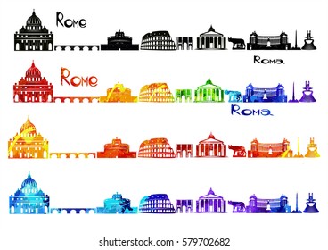 Silhouette sights of Rome in b-w, in watercolor of the rainbow,  in watercolor red-orange-yellow and in watercolor blue-aquamarine-purple