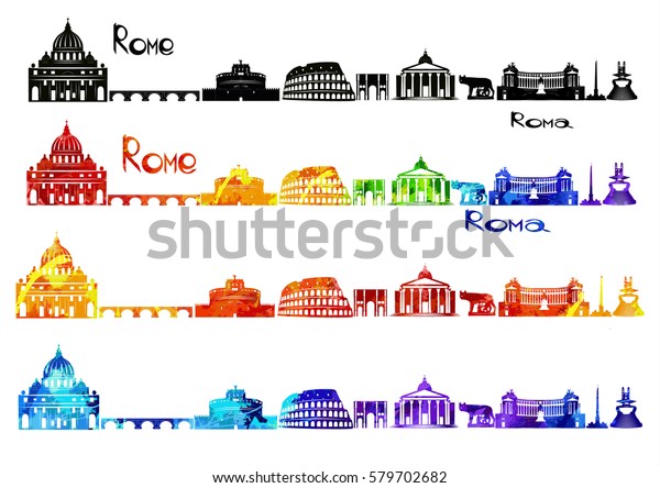 Silhouette Sights Rome Bw Watercolor Rainbow Stock Vector (Royalty Free ...