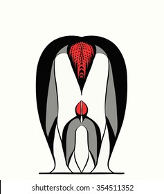 Silhouette sign of small and big penguin in black and white  red