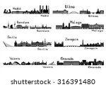 Silhouette signts of 8 cities of Spain - Madrid, Barcelona, Seville, Valencia, Bilbao, Malaga, Saragossa, Granada
