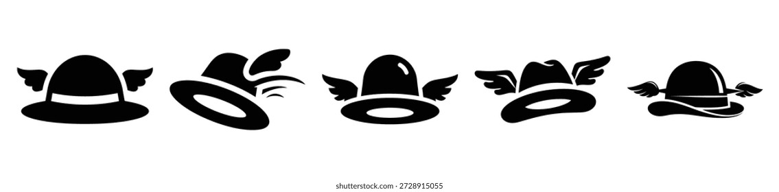 Silhouette of silly flying hat vector icon set. Funny silhouette design vector stock illustration