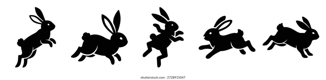 Silhouette of silly hopping rabbit vector icon set. Funny silhouette design vector stock illustration