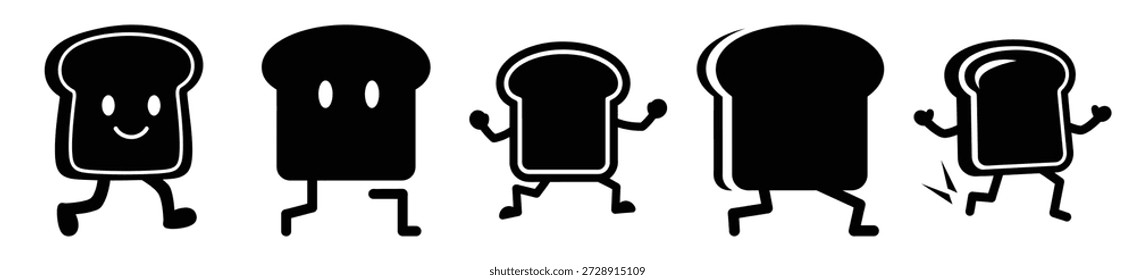 Silhouette of silly hopping toast vector icon set. Funny silhouette design vector stock illustration