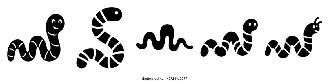 Silhouette of silly wiggly worm vector icon set. Funny silhouette design vector stock illustration