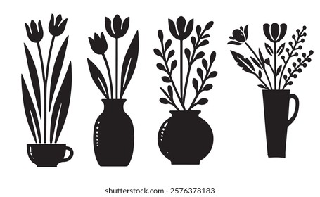 Silhouette simple botanical flowers and branch, Vector illustration vase simple design on white background.