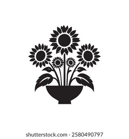 Silhouette simple botanical sunflowers vase and branch, Vector illustration vase simple design on white background.