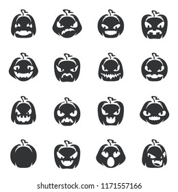 Silhouette simple halloween pumpkin scary decoration faces smile emoji icons set isolated design vector illustration
