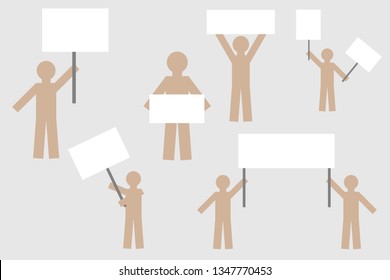 silhouette of simple isolated people with posters. strike protest of people with posters.