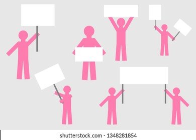 silhouette of simple isolated people with posters. strike protest of people with posters.