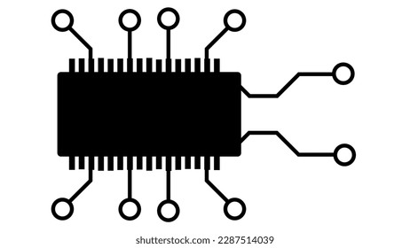 Silhouette aus einfachem Schaltplan oder Baustein für Mikroschaltungen einzeln auf weißem Hintergrund. Technische Clipkunst. Vectordesign-Element.