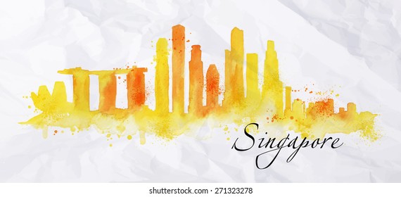 Silhouette Singapore city painted with splashes of watercolor drops streaks landmarks in orange with yellow tones