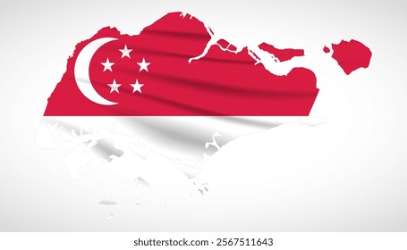 Silhouette of Singapore map filled with the Singaporean flag design, symbolizing national pride, cultural heritage, and geographic uniqueness.  
