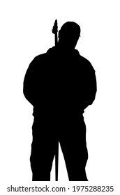 Silhouette of a singer with a microphone stand against a white background. 