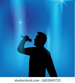 Silhouette of a Singer on Stage with Microphone. People at the concert and making a performance on stage vector art