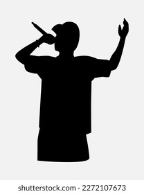 silhouette of singer rapper wearing hat. half body. concert concept, music, art, hip hop, singer. vector illustration.