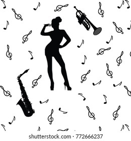 silhouette of singer, saxophone, trumpet and music