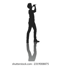silhouette of a singer standing holding a mic, stylish, shouting and singing a song, musician, band, singing