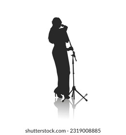 silhouette of a singer standing holding a mic, stylish, shouting and singing a song, musician, band, singing
