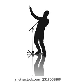 silhouette of a singer standing holding a mic, stylish, shouting and singing a song, musician, band, singing