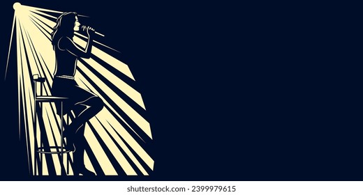 Silhouette of singer woman on a stage with spotlight background. Concert or music show poster with copy space. All elements are separate.
