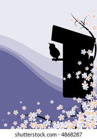 Silhouette of singing starling and starling-house at the tree with flowers (Vector)