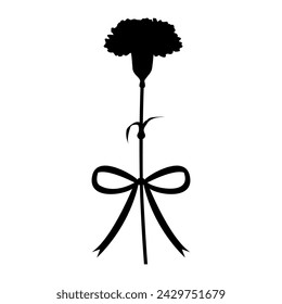 Silhouette of a single carnation and ribbon, icon, vector